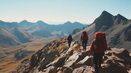Fototapeta premium Eco-Adventure Hikers on Rocky Mountain Trail with Vibrant Backpacks - Outdoor Exploration and Sustainable Travel Marketing for Millennial Enthusiasts