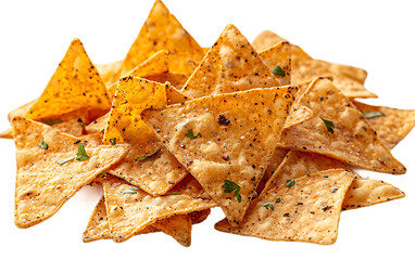 Naklejka premium Spicy tortilla chips close up overhead shot perfect for food blogs restaurant menus and packaging design