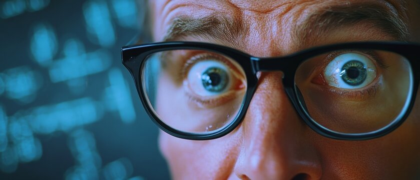 A close-up of a person's wide, surprised eyes behind glasses, set against a chalkboard with mathematical equations in a background of blurred focus. - Powered by Adobe