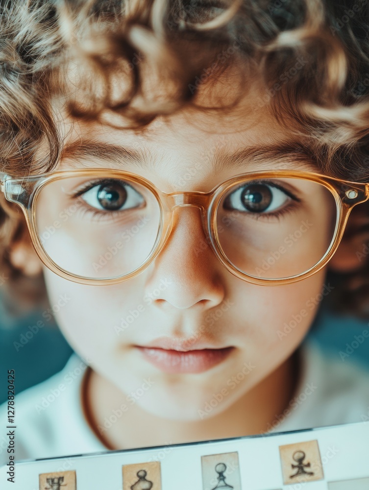 Poster modern curly-haired child with clear eyewear and learning board vibrant visual language aesthetics f