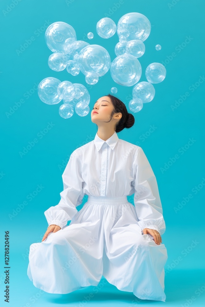 Poster minimalist surreal woman in white with floating bubbles - artistic expression for modern visual bran