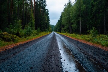 Naklejka premium Wet forest road journey, pine trees, overcast sky, travel