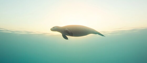 Minimalist Underwater Serenity Sunlit Seal Swimming in Crystal Waters - Marine Life Inspiration for Eco-Tourism and Nature Conservation Campaigns