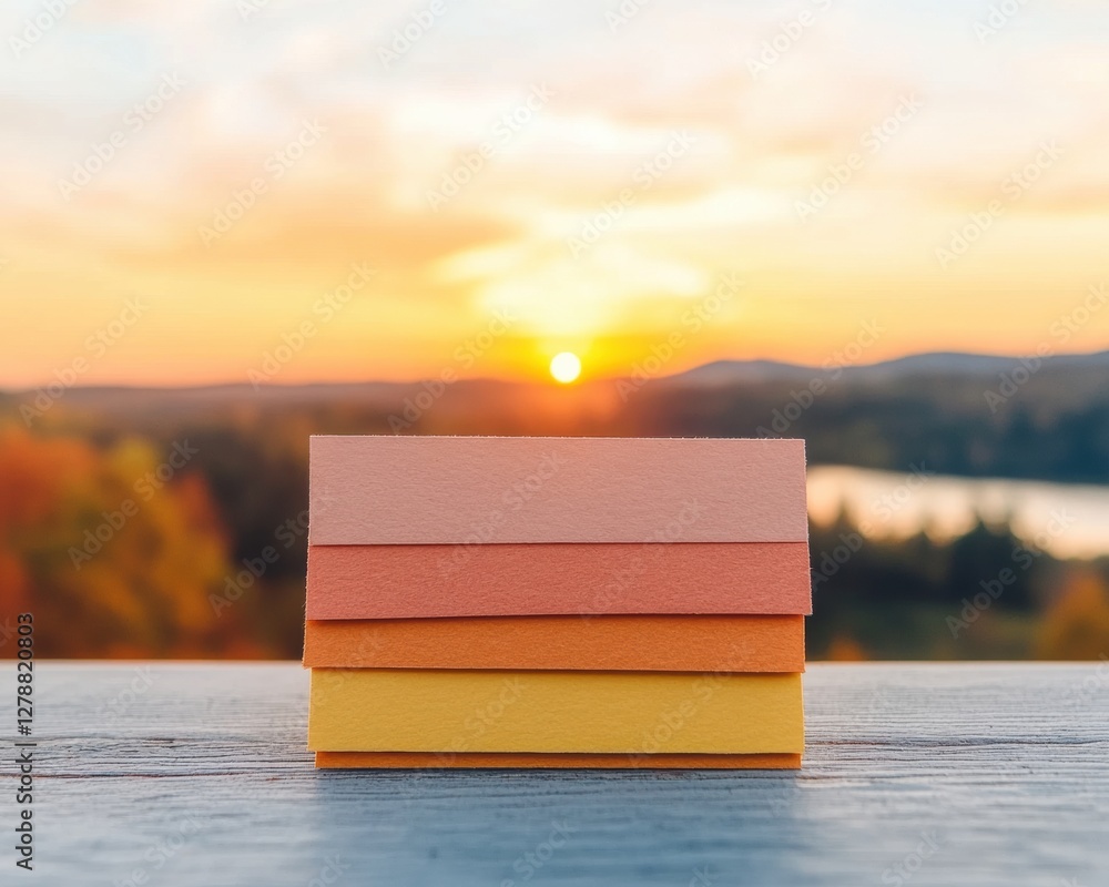 Aufkleber sunset gradient paper stack on textured wood surface - creative marketing visuals and professional b