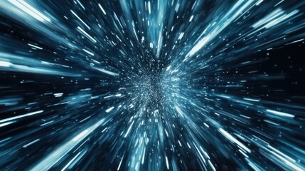 Abstract blue light streaks converging to a central point, resembling a wormhole or warp speed effect.