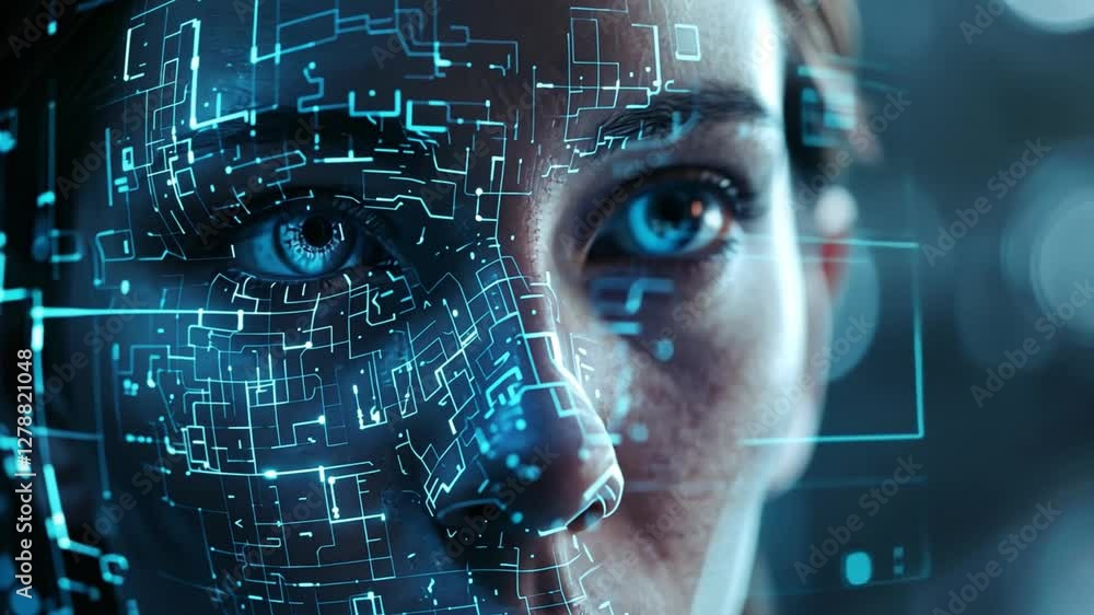 Aufkleber exploring the intersection of technology and humanity through a futuristic digital interface