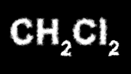 A CH₂Cl₂ (dichloromethane) molecule symbol with a smoke cloud text effect on a black background, representing chemical reactivity, industrial applications, and toxicity