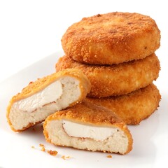 three golden brown breaded chicken patties stacked