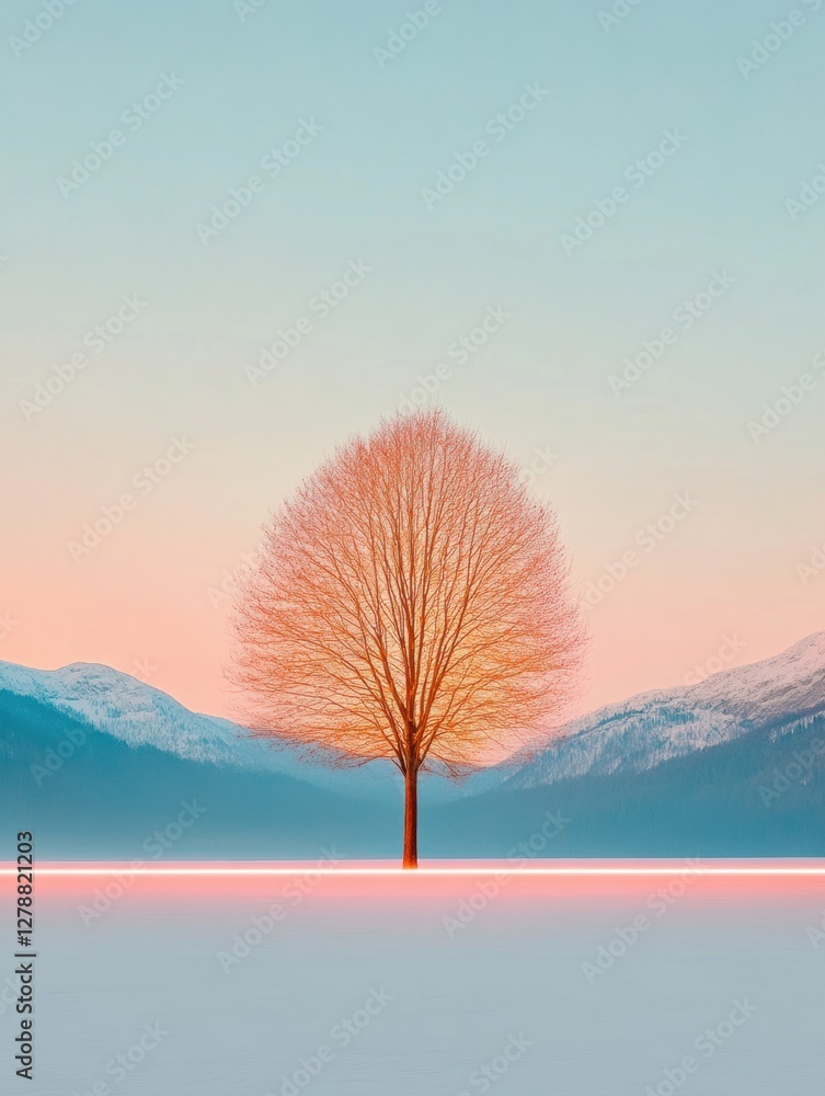 Aufkleber serene winter aesthetic illuminated tree in snowy landscape with mountain backdrop - nature content 