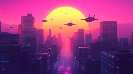 Obraz premium A vibrant retro-futuristic cityscape with sleek spacecrafts soaring through the sky and a large moon looming in the sunset.