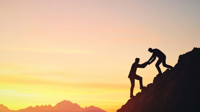 Two silhouettes assist each other while climbing a mountain at sunset, symbolizing teamwork, support, and perseverance in the face of challenges.