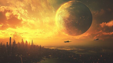 A vibrant retro-futuristic cityscape with sleek spacecrafts soaring through the sky and a large moon looming in the sunset.