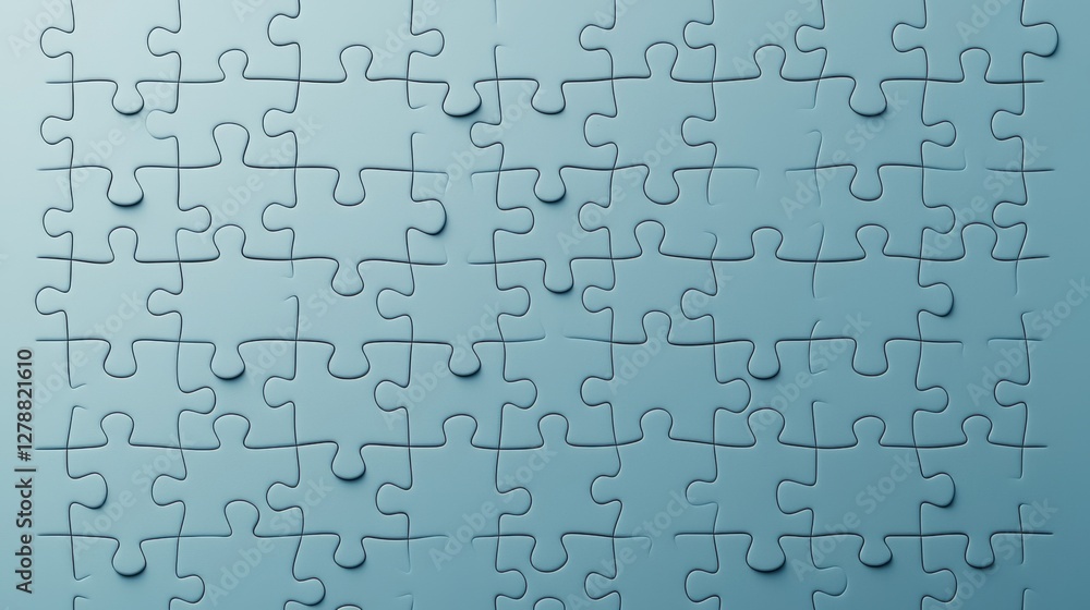 Poster a flat lay of an incomplete jigsaw puzzle with interlocking pieces on a smooth, light blue backgroun