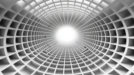 Abstract Perspective of a Spiral Tunnel with Grid Structure and Bright Light at the Center