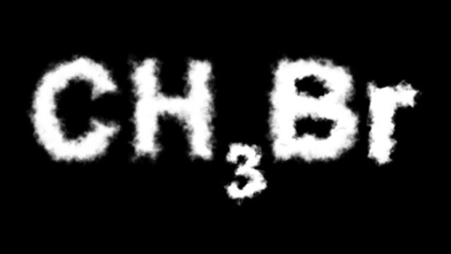 A CH₃Br (bromomethane) molecule symbol with a smoke cloud text effect on a black background, representing chemical reactivity, fumigation, and environmental hazards