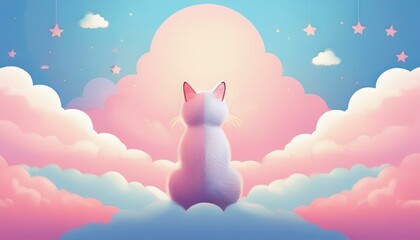 구름 위에 앉아 있는 신비로운 고양이, 몽환적인 하늘과 부드러운 파스텔톤 색감