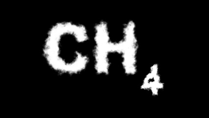 A CH₄ (methane) molecule symbol with a smoke cloud text effect on a black background, representing natural gas, emissions, and environmental impact