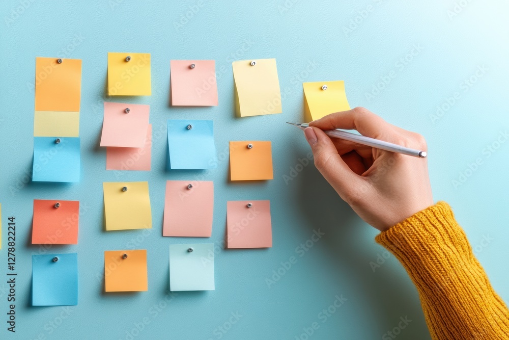 Poster Contemporary Office Collaboration Diverse Team Pinning Multi-Colored Sticky Notes on Reflection Board - Enhancing Business Dynamics and Workflow Efficiency for Strategic Insights
