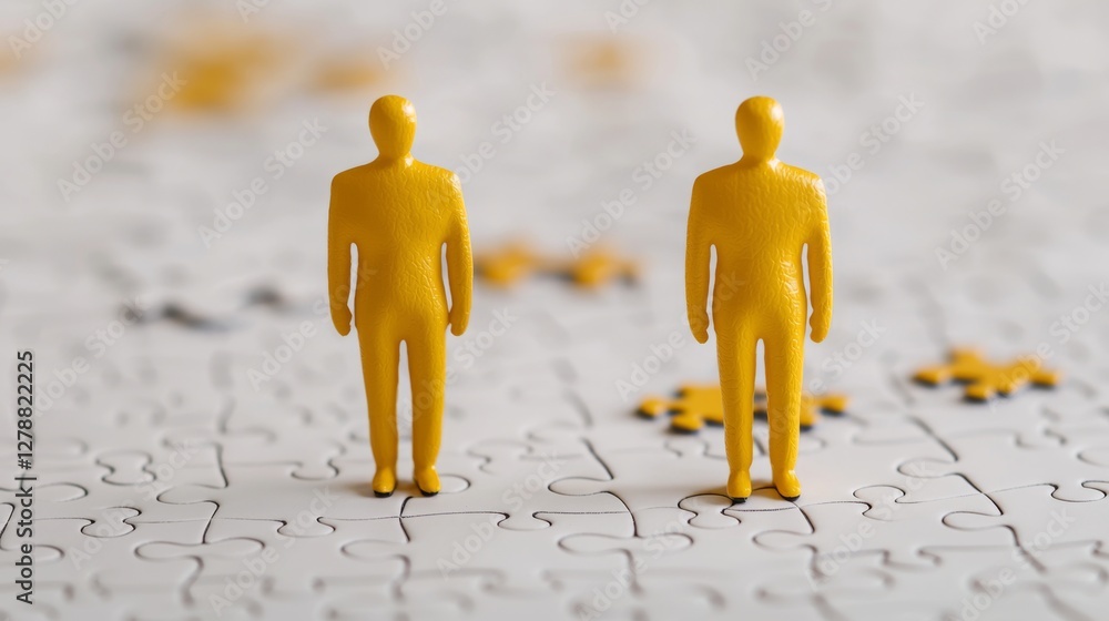 Poster two yellow figurines stand on a puzzle, symbolizing collaboration and connection in problem-solving.