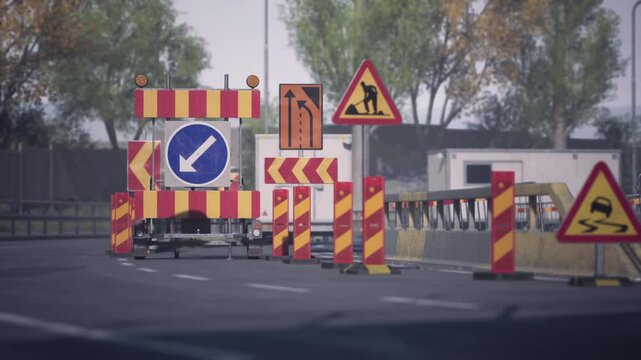 Traffic detours are observed as construction work is underway on the road. Various warning signs and barriers guide vehicles safely through the area.