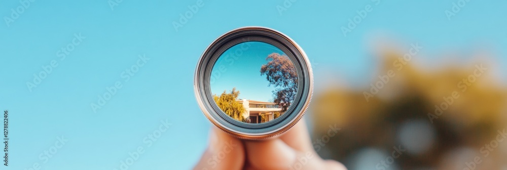 Poster contemporary optics showcase captivating lens reflection on pristine sky - precision gear for profes
