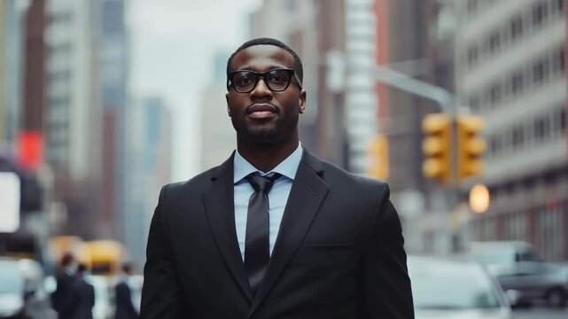 mature, handsome african american businessman walking in big city; concept of business success, successful manager