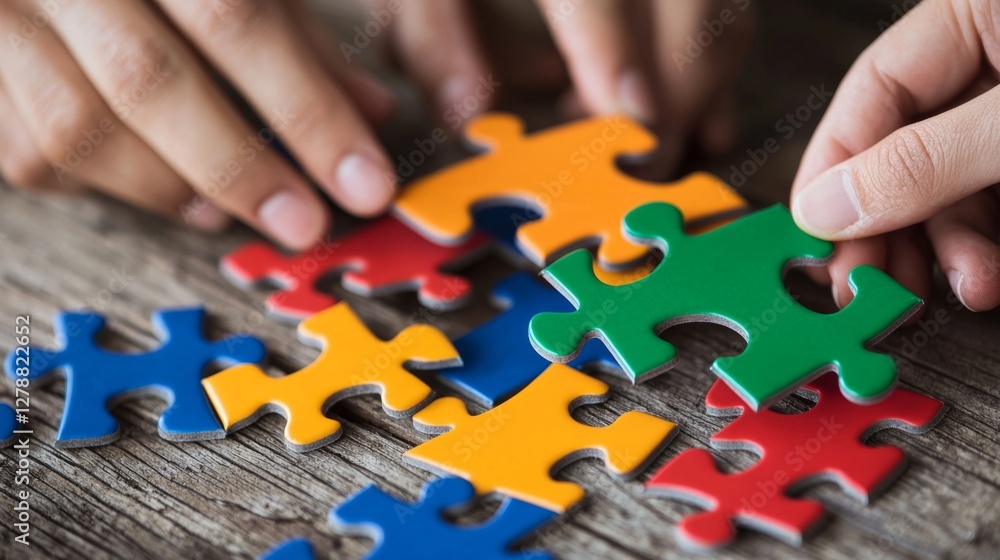 Poster hands assembling colorful puzzle pieces on a wooden surface, showcasing teamwork and problem-solving