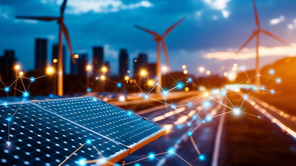 Solar Panels Capturing Sunlight With Wind Turbines In Modern City Skyline At Dusk