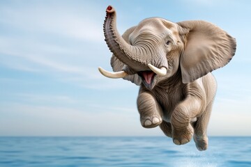 Fototapeta premium A humorous and surreal image of a playful elephant mid-jump into a bathtub The scene is whimsical and imaginative, evoking feelings of fun and surprise