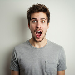 Wildly shocked young man in a gray T-shirt, mouth wide open and eyes bulging in disbelief, exclaiming 'Oh my God! Wow! Really' with pure astonishment and excitement