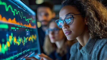 A focused woman analyzes data on a screen, surrounded by colleagues, conveying a collaborative tech-driven environment.