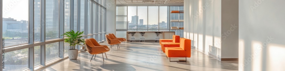 Poster Modern Collaborative Workspace Design Modular Orange Seating and Potted Plants in Open Office with Floor-to-Ceiling Windows - Commercial Interior for Dynamic Business Environments