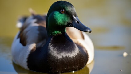 Obraz premium A close-up of a male mallard duck with a vibrant green head and black chest, floating on water.