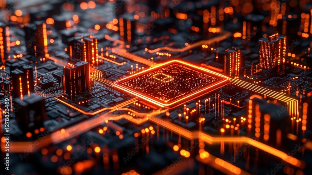 Poster a computer processor illuminated by a bright glowing orange light in hightech setting