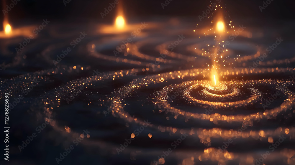 Poster glowing spiral light orbs on dark surface creating mesmerizing pattern