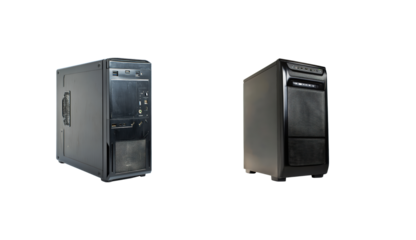 Two Distinctive Black Computer Towers for Technology and Gaming Use