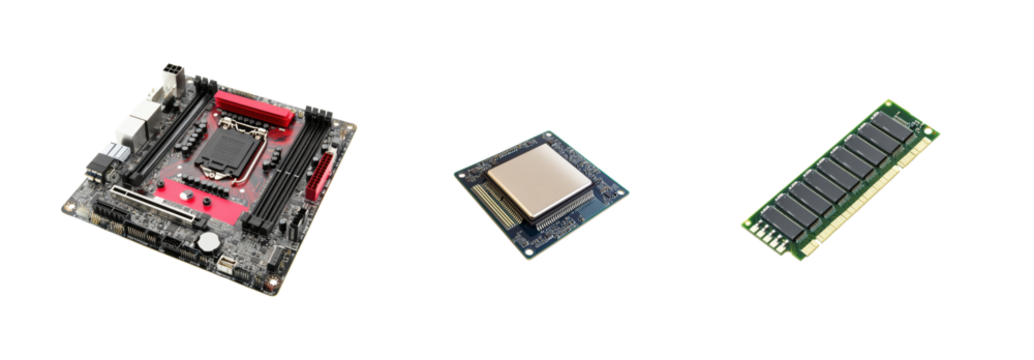 Computer Components Including Motherboard, CPU, and RAM Modulus