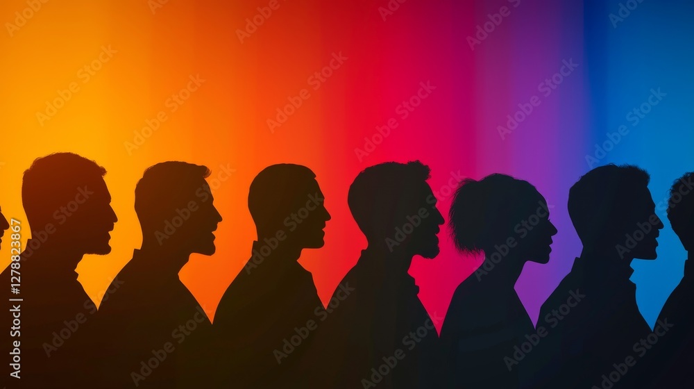 Poster a colorful gradient backdrop features silhouettes of diverse individuals in profile, creating a stri