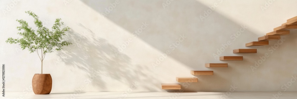 Leinwandbilder Modern Minimalist Floating Staircase Design in Sunlit Open Concept Space Architectural Ingenuity and Natural Wood for Urban Residential Innovation