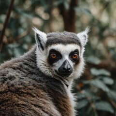 Fototapeta premium A ring-tailed lemur with bright eyes, fluffy tail, transparent background.