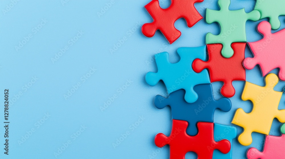 Poster colorful puzzle pieces scattered on a light blue background create a playful and engaging visual, sy