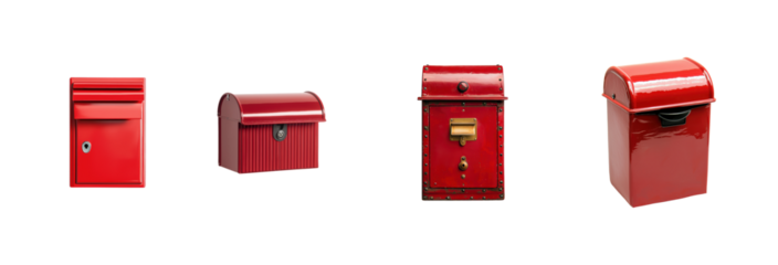 Collection of Vintage Red Mailboxes in Various Styles and Designs