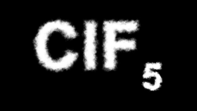 A ClF₅ (chlorine pentafluoride) molecule symbol with a smoke cloud text effect on a black background, representing chemical reactivity, toxicity, and industrial hazards