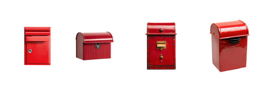 Collection of Vintage Red Mailboxes in Various Styles and Designs