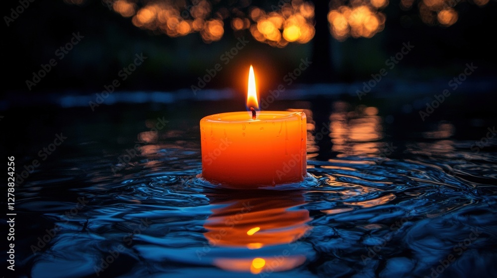 Poster tranquil candle floating in clear pool of water creating a calming atmosphere