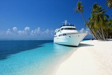 Naklejka premium A luxury cruise ship sails past a tropical island in the blue ocean, offering a scenic voyage
