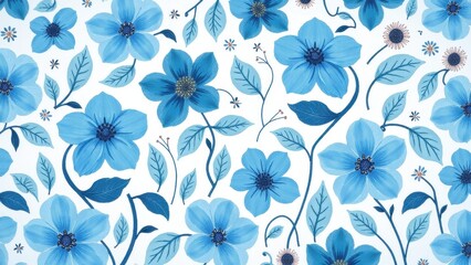 Blue floral wallpaper with various shades of blue flowers and leaves on a white background.