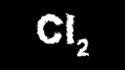 A Cl₂ (chlorine) molecule symbol with a smoke cloud text effect on a black background, representing toxicity, chemical reactions, and industrial hazards