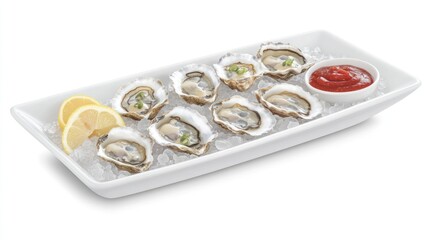 A rectangular white platter holds several fresh oysters on ice, garnished with chopped green onions and a small bowl of red sauce. A lemon wedge sits beside the oysters.  The platter is set against a
