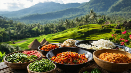 A vibrant display of traditional dishes, including rice, vegetables, and spicy preparations, set against a lush, green landscape with rice terraces.